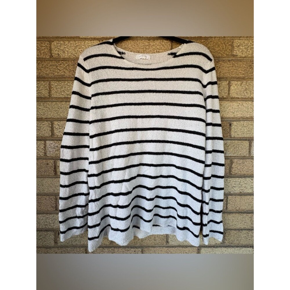 Classic Black & White Striped Crewneck Sweater with Elbow Pads